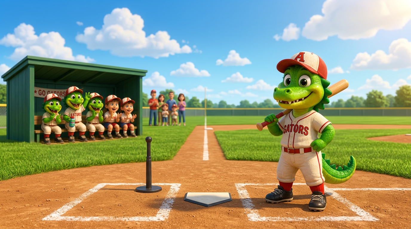 Allie the Alligator standing tall with her bat on a sunny baseball field while her animal teammates cheer from the dugout and bleachers