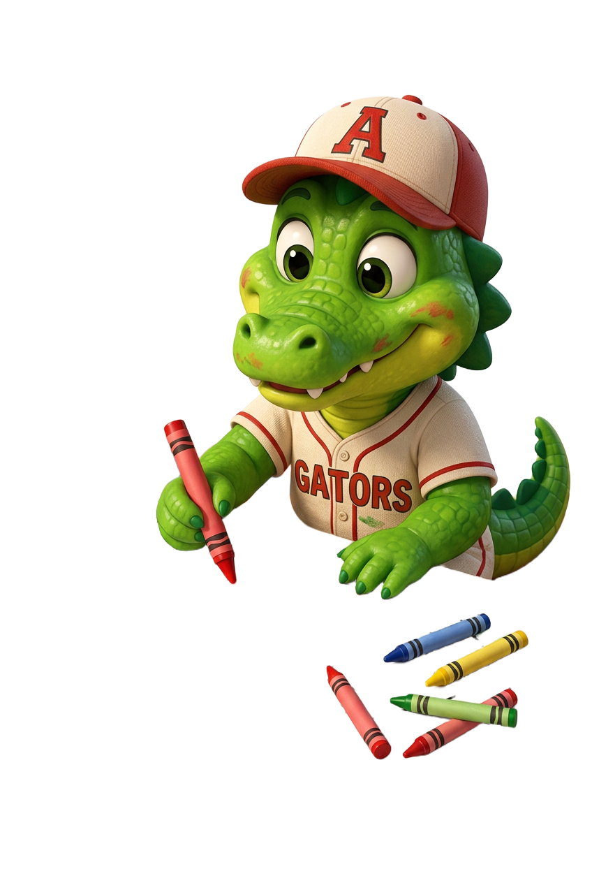 Allie the Alligator holding crayons and coloring pages