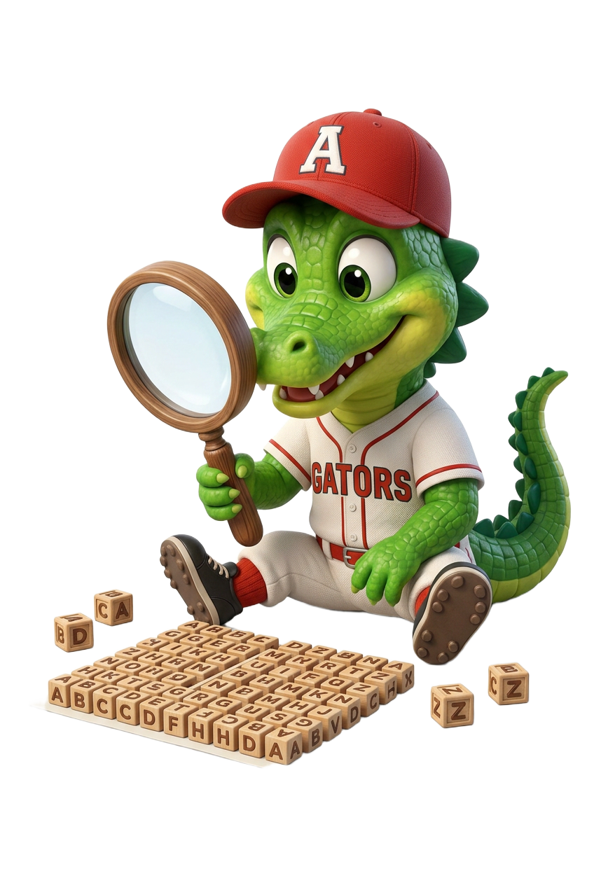 Allie the Alligator searching for words with a magnifying glass