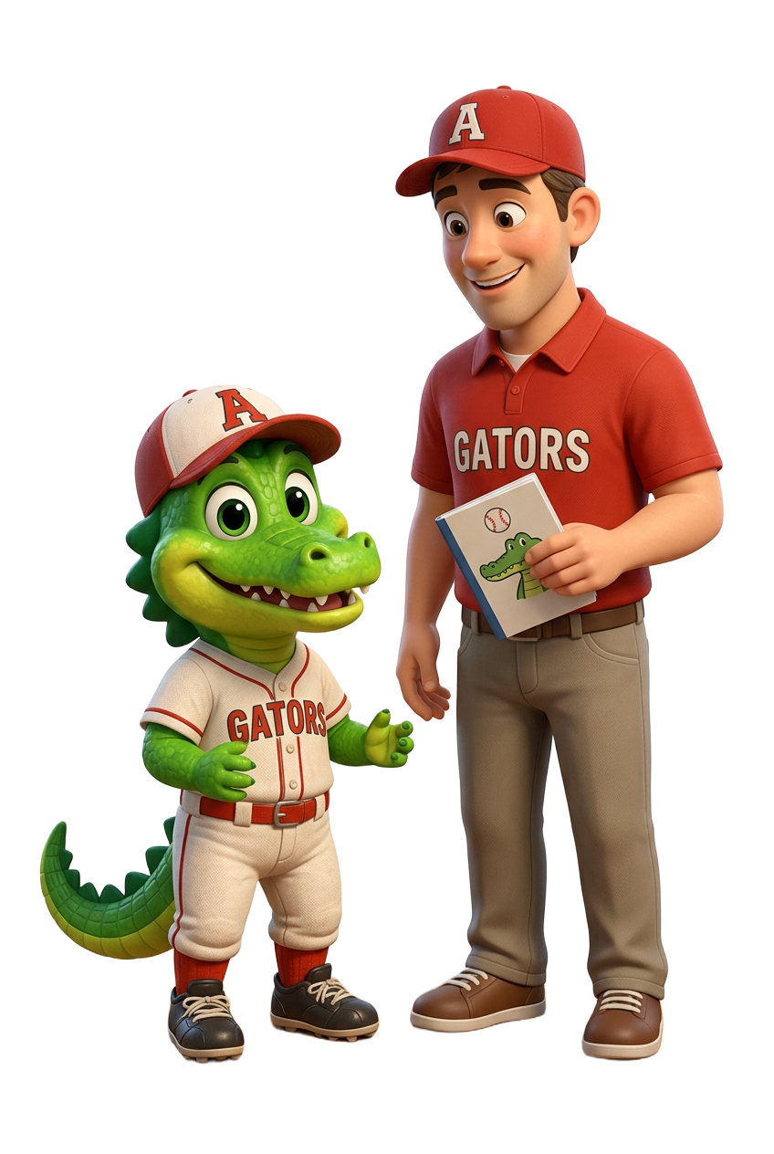 Adult alligator reading the Allie book with a child