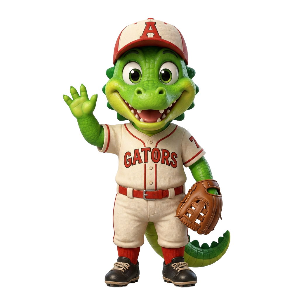 Allie the Alligator waving hello in her baseball uniform